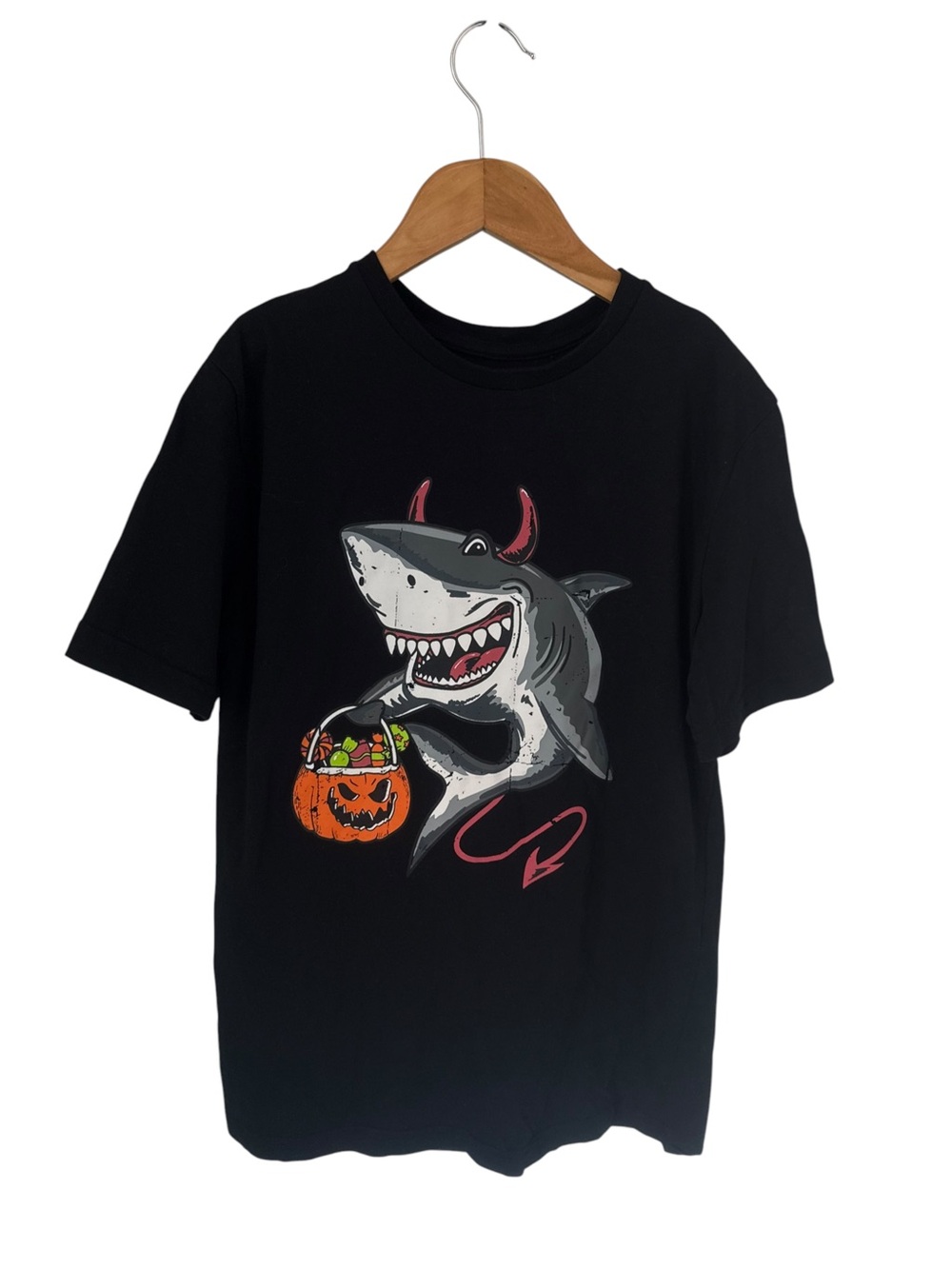 George Black Shark Halloween Costume Tee with Orange Pumpkin and Pink Accents